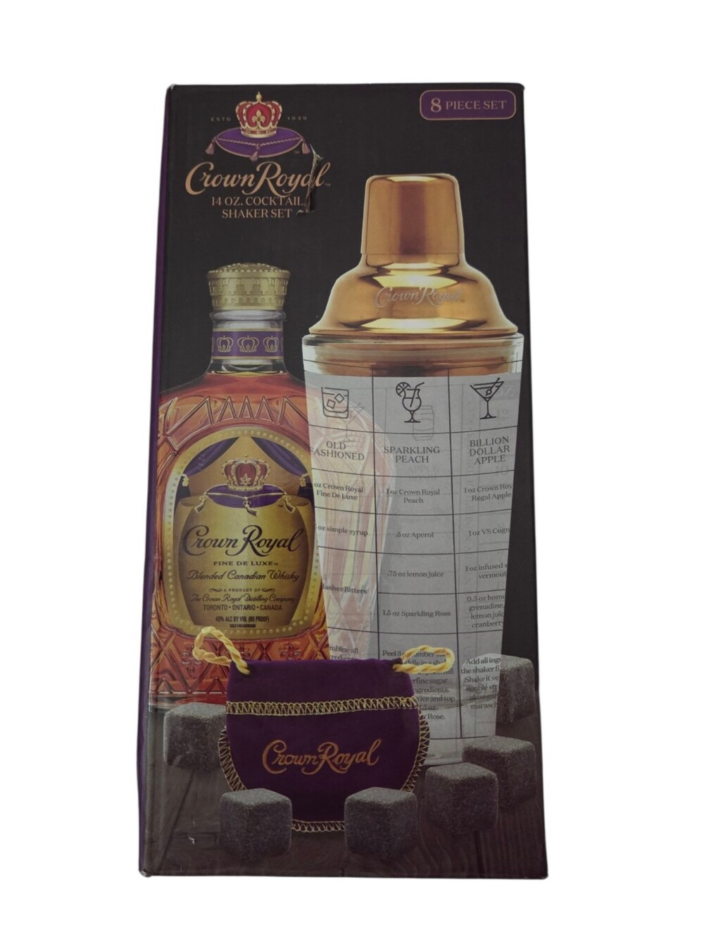 CROWN ROYAL - 14 Oz Cocktail Shaker Set (Shaker, Velvet Bag, 6 Whiskey Stones)